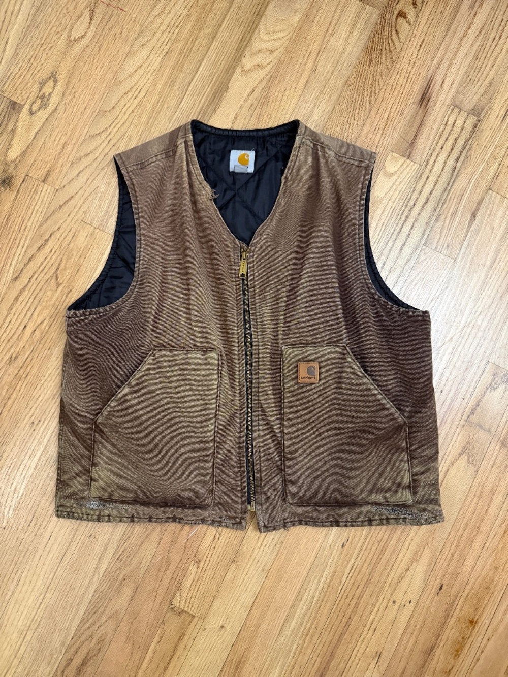 Vintage Carhartt Brown Duck Canvas Quilted Work Vest Distressed Large